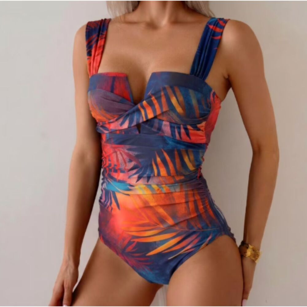Nwot WQD Extra Large Women's Navy Tropical Palm Print One Piece Swimsuit